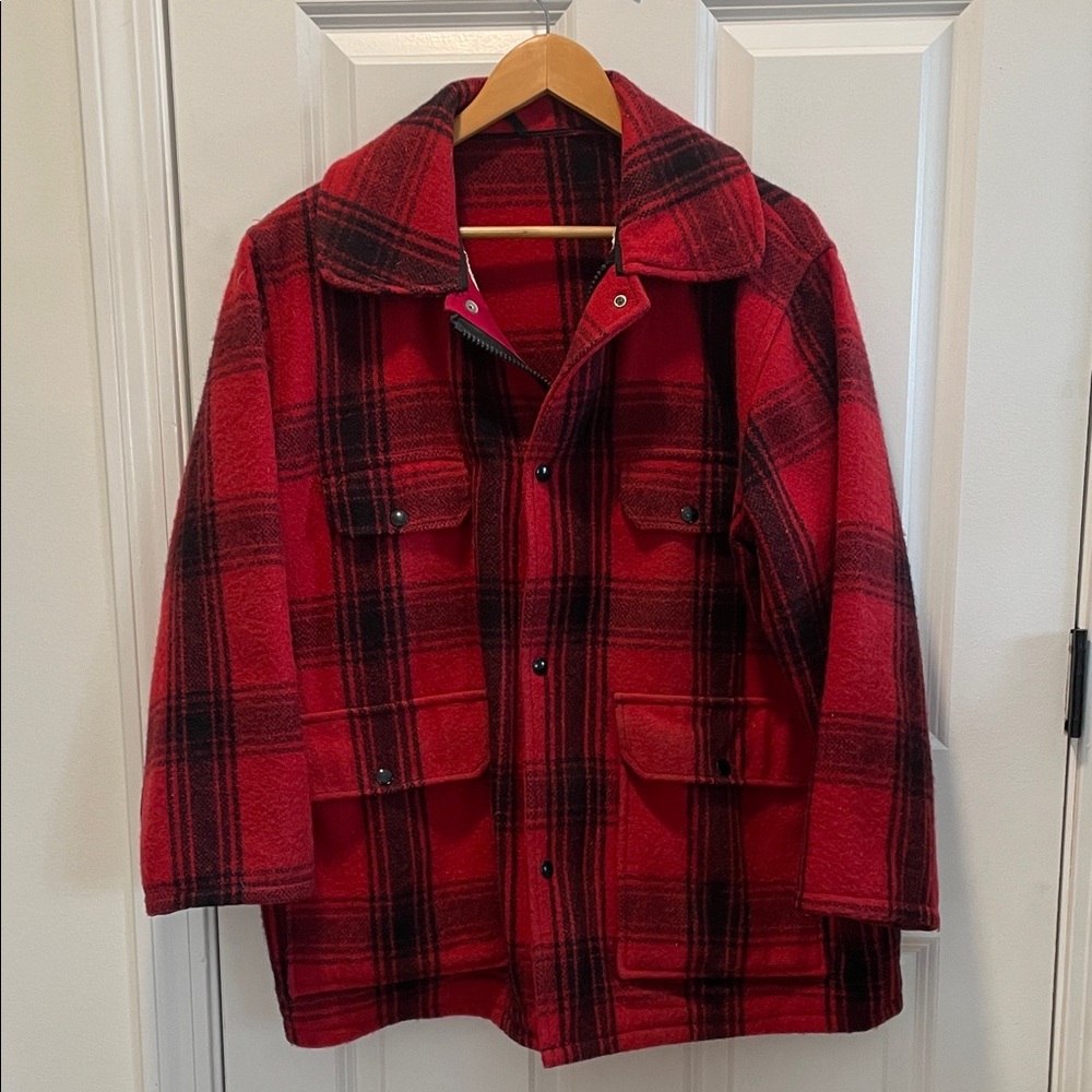 Vintage Red and Black Plaid Men's Wool Hunting Jacket